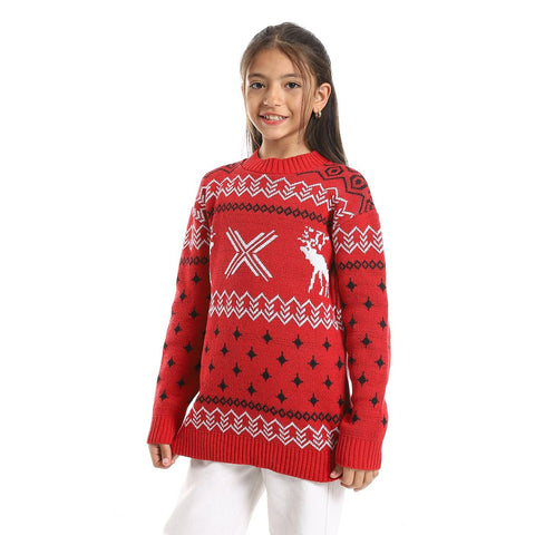 Girls Wool Pullover with Multicolor Design