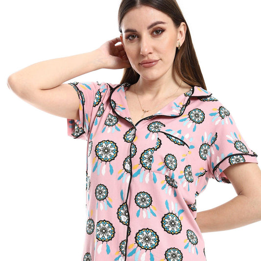 Women's Pajama Set with Collared Shirt and Button Design