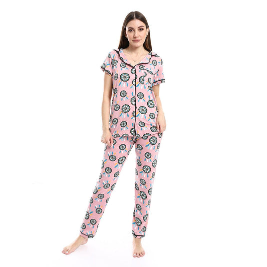 Women's Pajama Set with Collared Shirt and Button Design