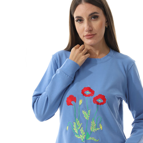 Women Embroidery T- Shirt With Long Sleeves And Round Neck