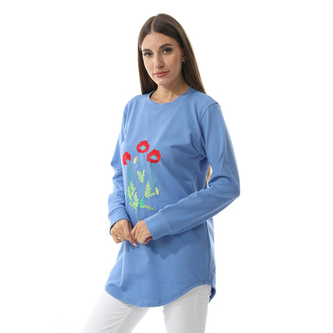 Women Embroidery T- Shirt With Long Sleeves And Round Neck