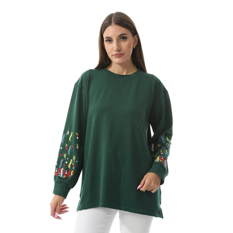 Women over size Embroidery T- Shirt With Long Sleeves And Round Neck