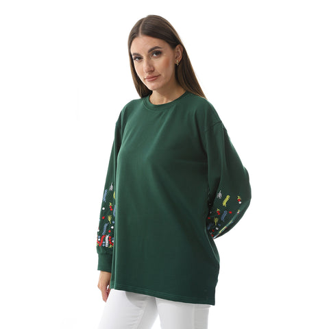 Women over size Embroidery T- Shirt With Long Sleeves And Round Neck