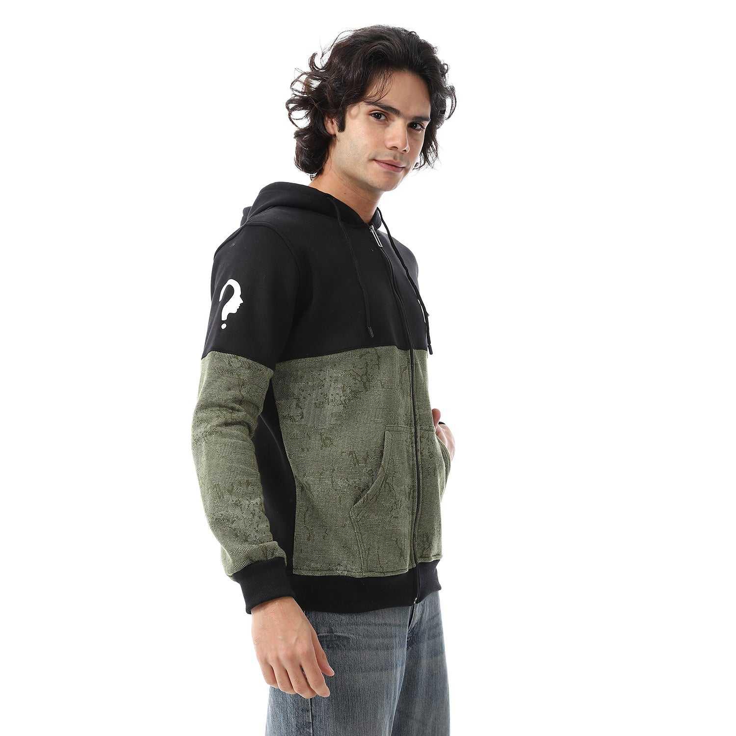 Mens Hoodie With Through Zipper And Army Design