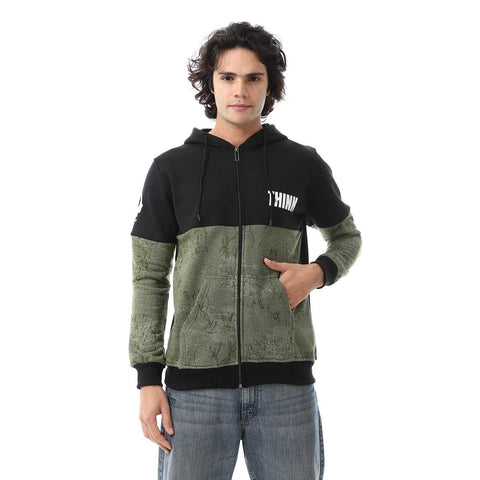 Mens Hoodie With Through Zipper And Army Design