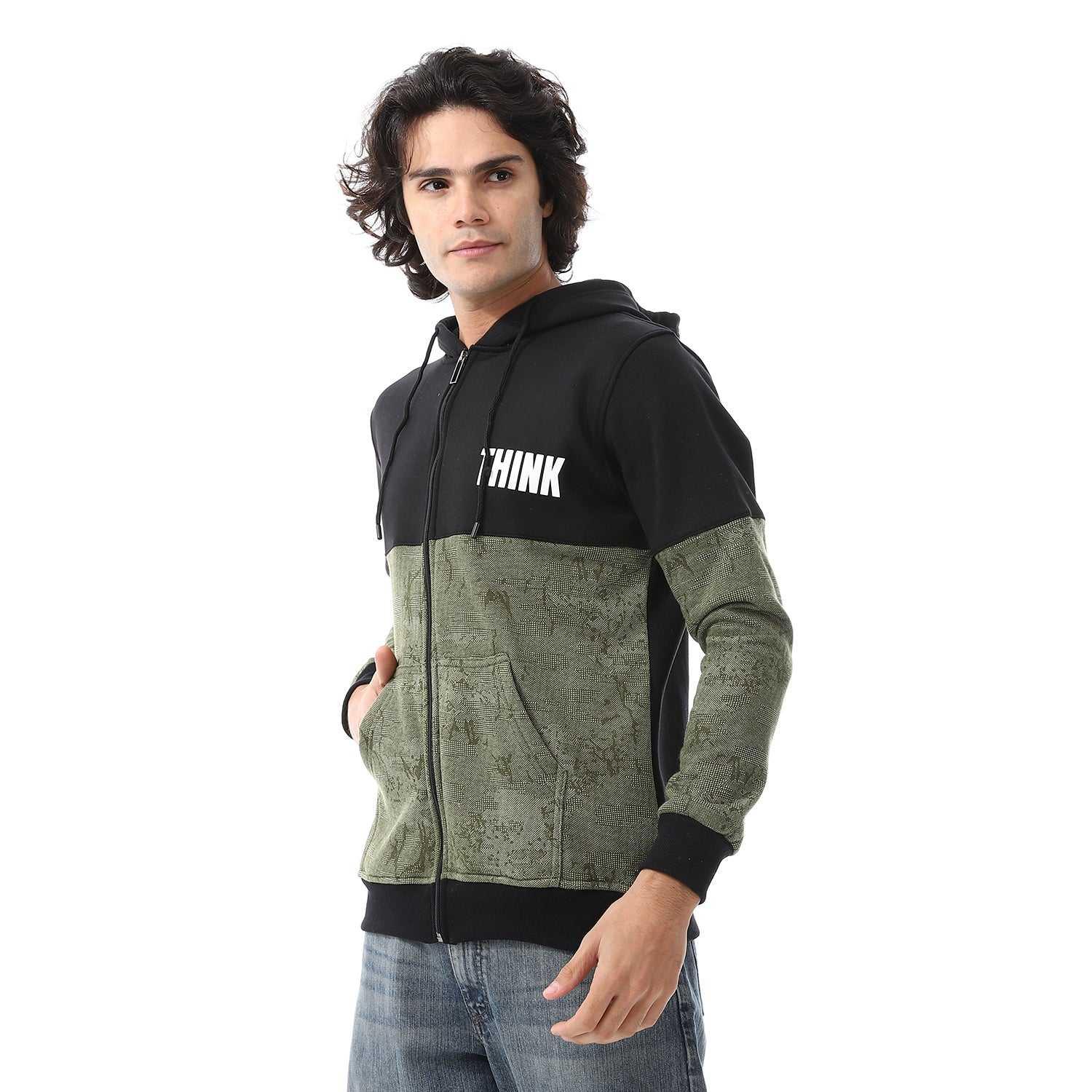 Mens Hoodie With Through Zipper And Army Design