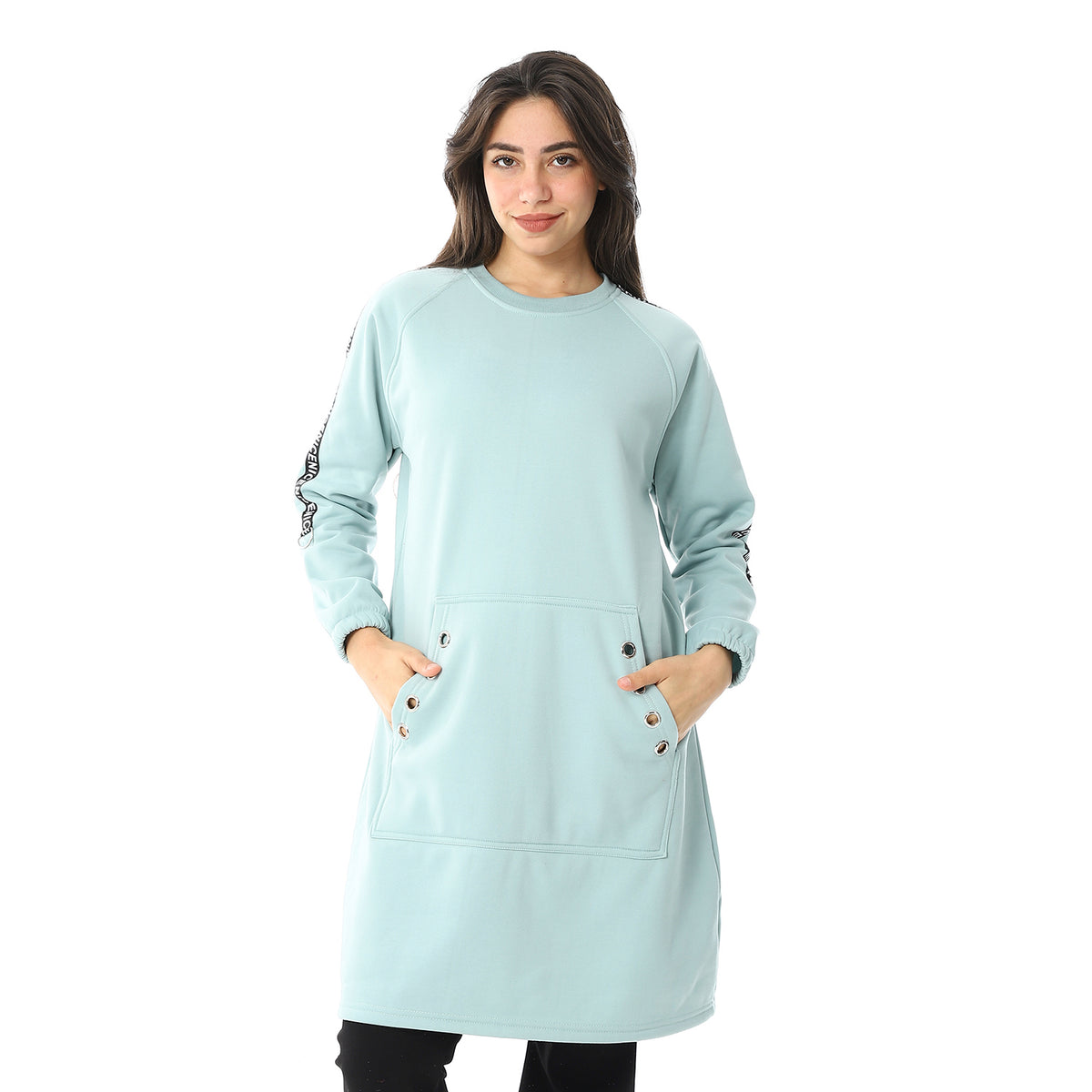 Women Long Closed Hoodie With Tape On Sleeves