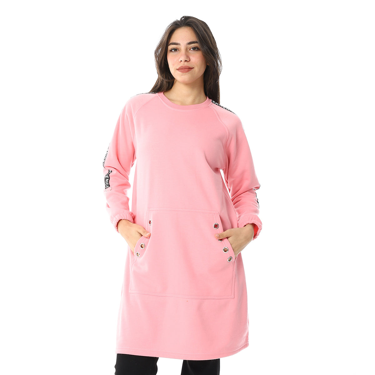 Women Long Closed Hoodie With Tape On Sleeves