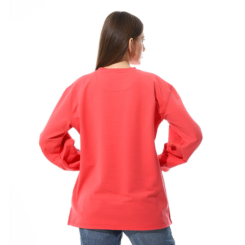 Women Oversize Embroidery Melton T- Shirt With Long Sleeves And Round Neck