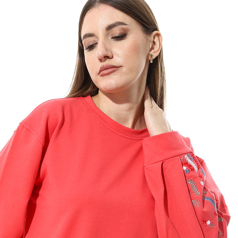 Women Oversize Embroidery Melton T- Shirt With Long Sleeves And Round Neck