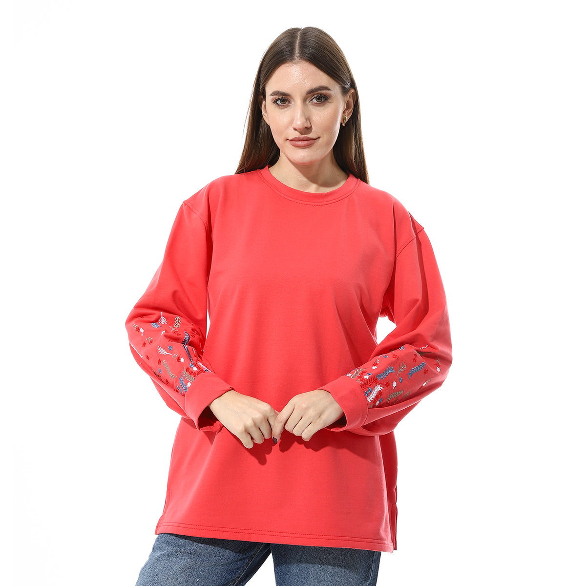 Women Oversize Embroidery Melton T- Shirt With Long Sleeves And Round Neck