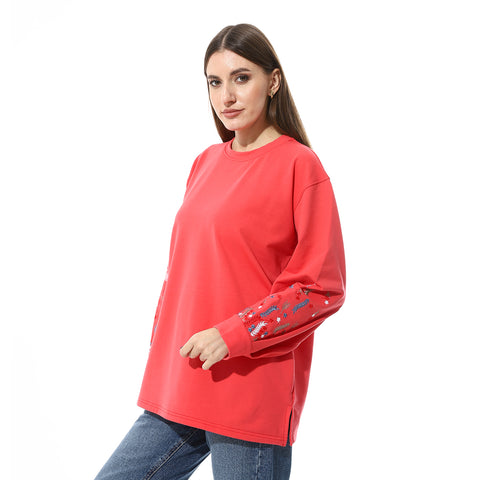 Women Oversize Embroidery Melton T- Shirt With Long Sleeves And Round Neck