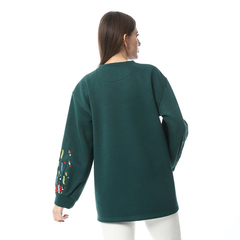 Women Oversize Embroidery Melton T-shirt With Long Sleeves And Round Neck