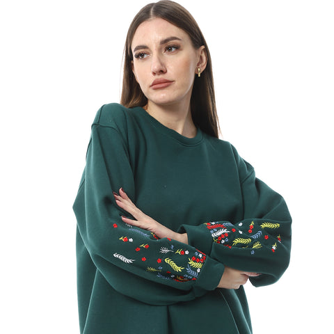 Women Oversize Embroidery Melton T-shirt With Long Sleeves And Round Neck