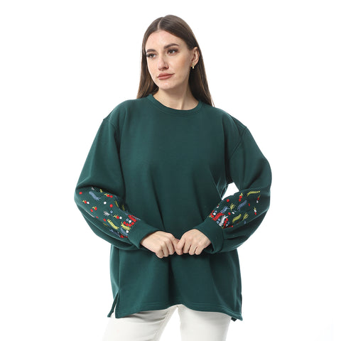 Women Oversize Embroidery Melton T-shirt With Long Sleeves And Round Neck