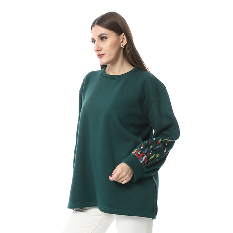 Women Oversize Embroidery Melton T-shirt With Long Sleeves And Round Neck