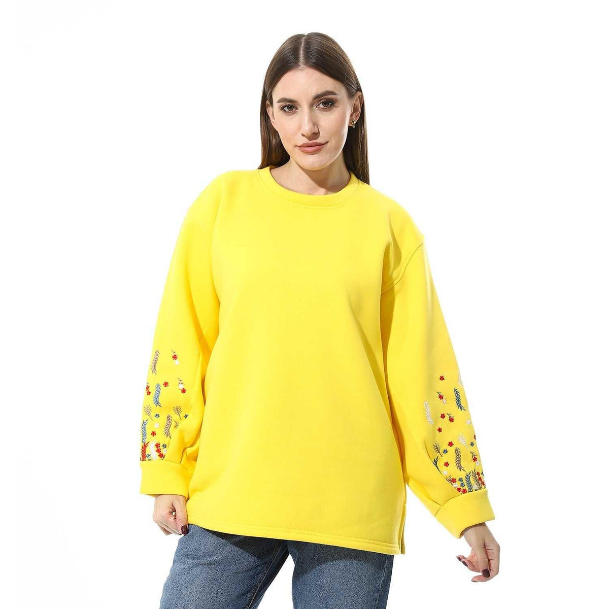 Women Oversize Embroidery Melton T- Shirt With Long Sleeves And Round Neck