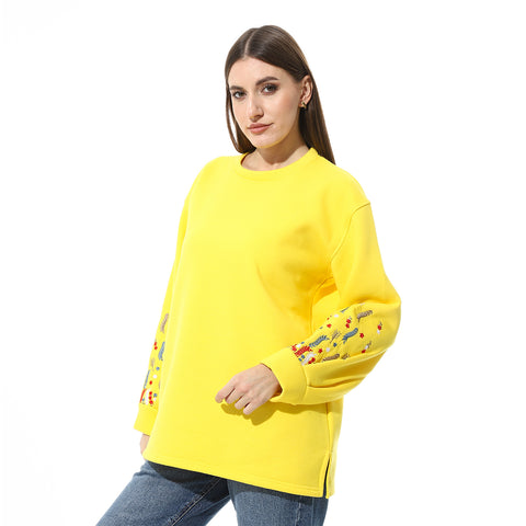 Women Oversize Embroidery Melton T- Shirt With Long Sleeves And Round Neck