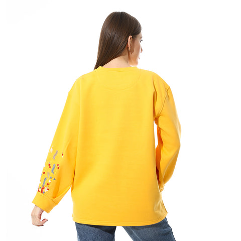 Women Oversize Embroidery Melton T- Shirt With Long Sleeves And Round Neck