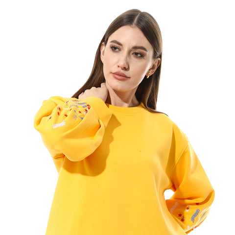 Women Oversize Embroidery Melton T- Shirt With Long Sleeves And Round Neck