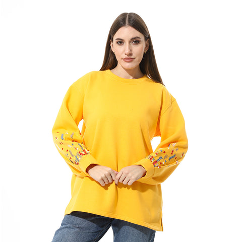 Women Oversize Embroidery Melton T- Shirt With Long Sleeves And Round Neck