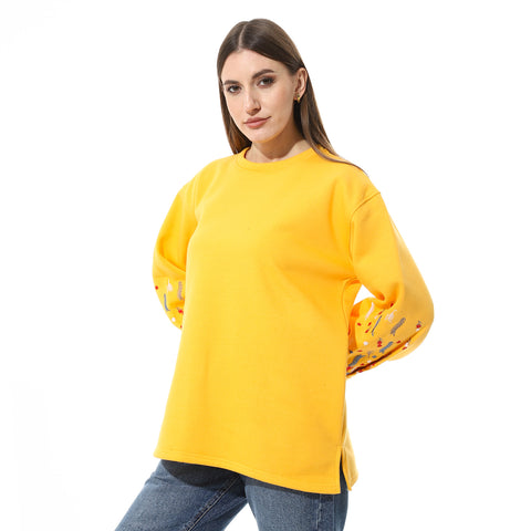 Women Oversize Embroidery Melton T- Shirt With Long Sleeves And Round Neck