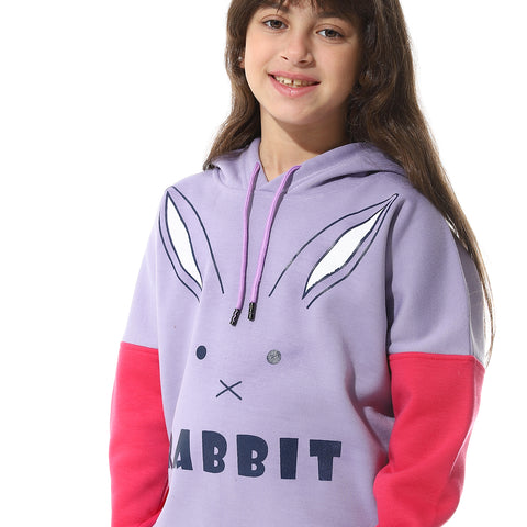 Girls Training Suit with Hooded Neck Printed Rabbit