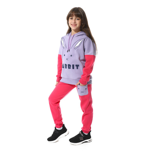 Girls Training Suit with Hooded Neck Printed Rabbit