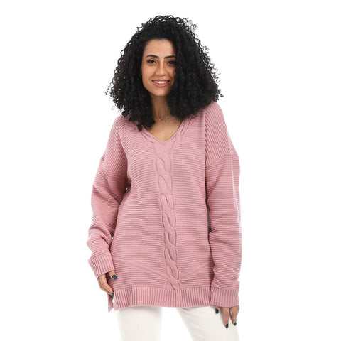 Women Wool Long Pullover With V Neck