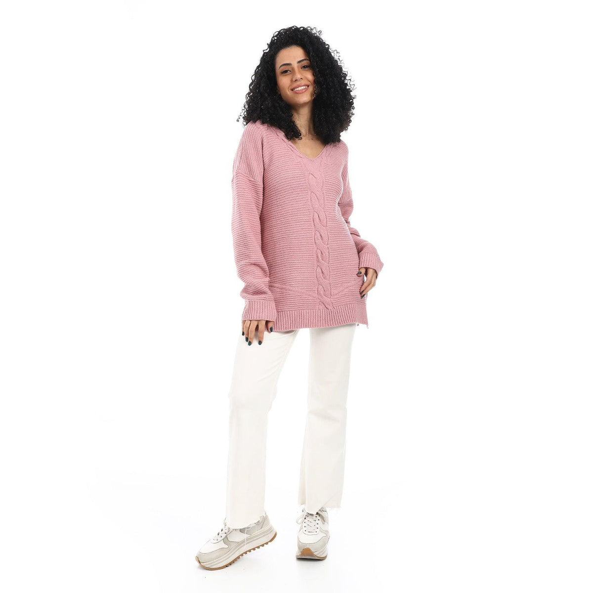 Women Wool Long Pullover With V Neck