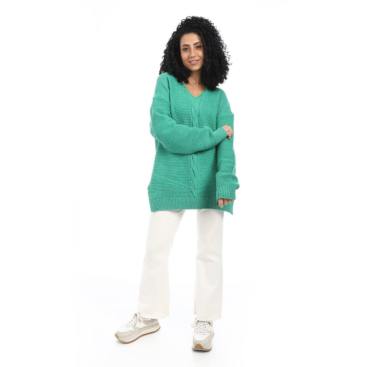 Women Wool Long Pullover With V Neck