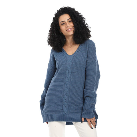 Women Wool Long Pullover With V Neck