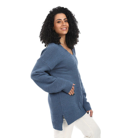 Women Wool Long Pullover With V Neck