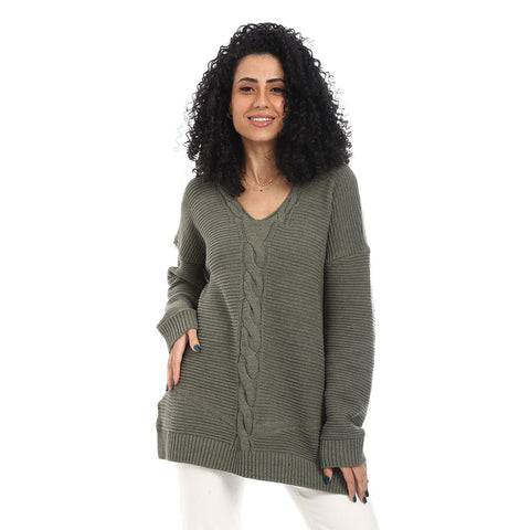 Women Wool Long Pullover With V Neck