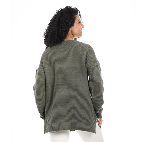 Women Wool Long Pullover With V Neck