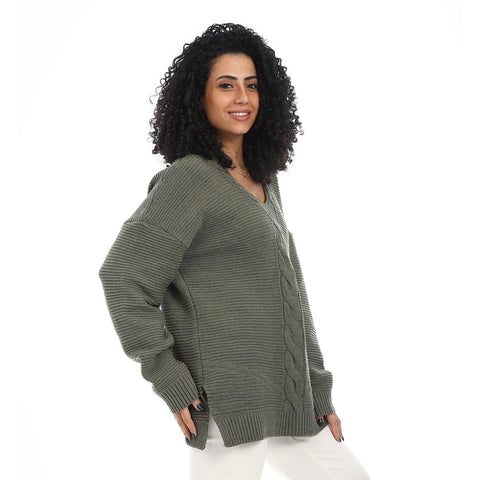 Women Wool Long Pullover With V Neck