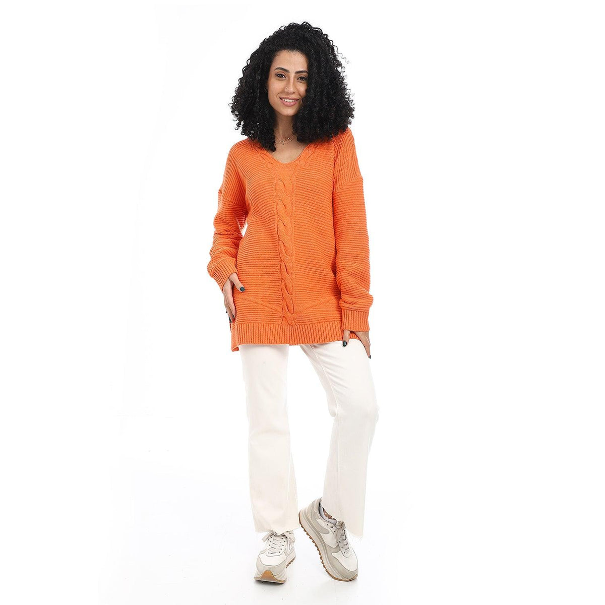 Women Wool Long Pullover With V Neck