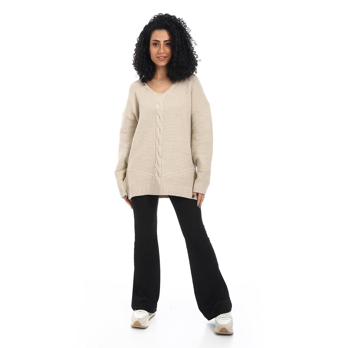 Women Wool Long Pullover With V Neck