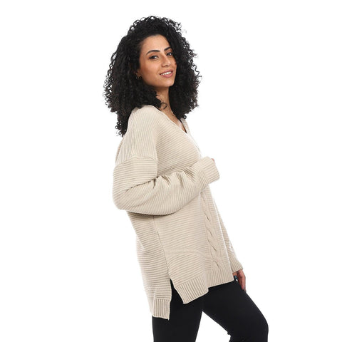 Women Wool Long Pullover With V Neck