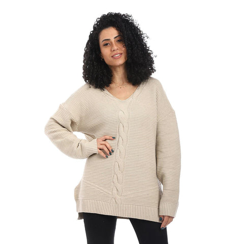 Women Wool Long Pullover With V Neck