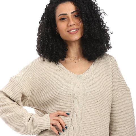 Women Wool Long Pullover With V Neck