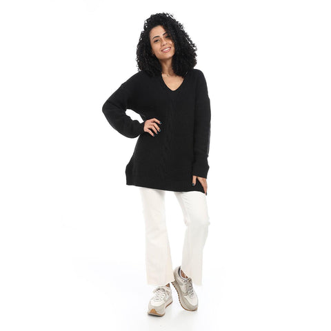 Women Wool Long Pullover With V Neck