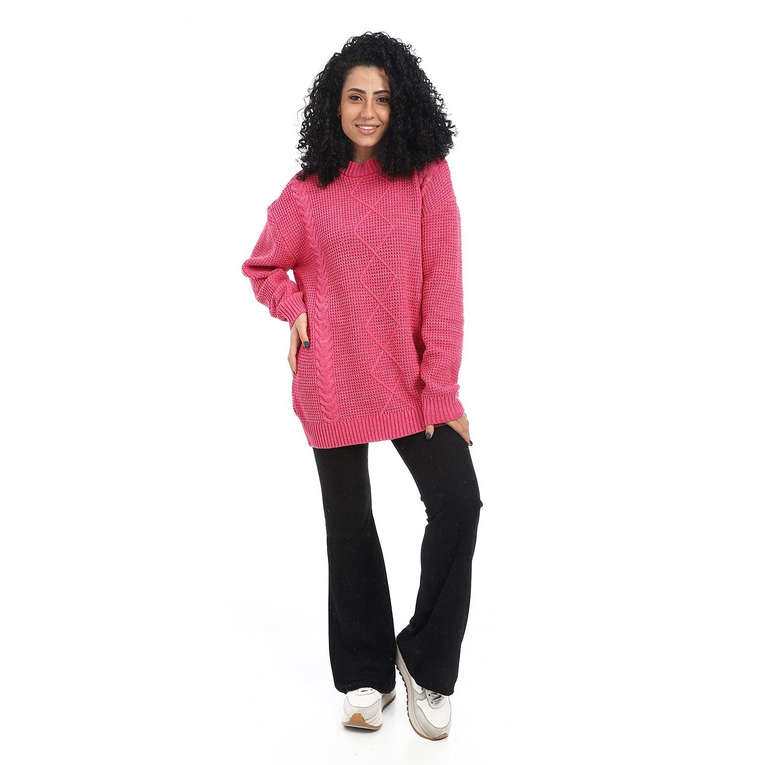 Women wool plain pullover Half neck بلوفر صوف نسائي طويل برقبه دائريه 
