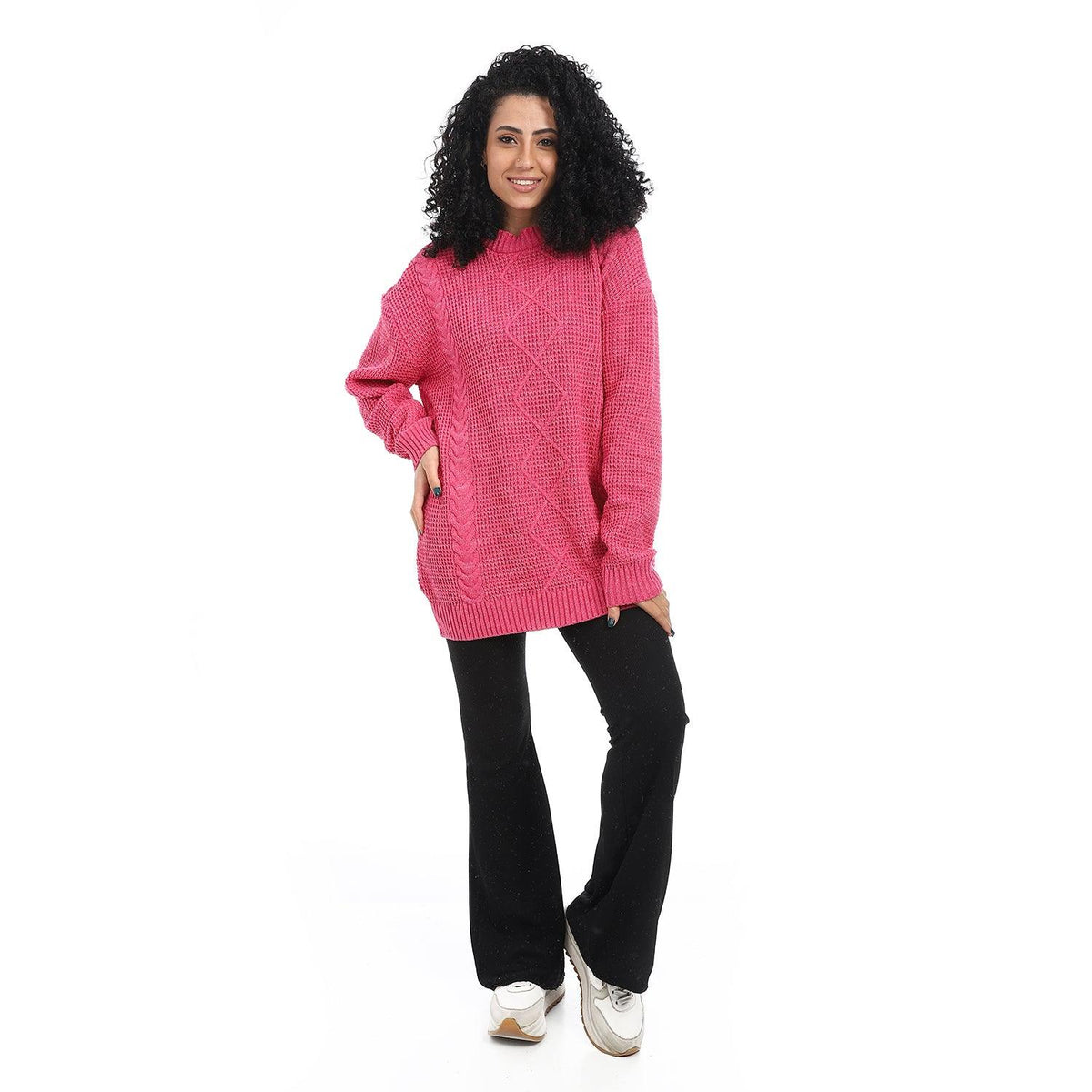 Women wool plain pullover Half neck بلوفر صوف نسائي طويل برقبه دائريه 