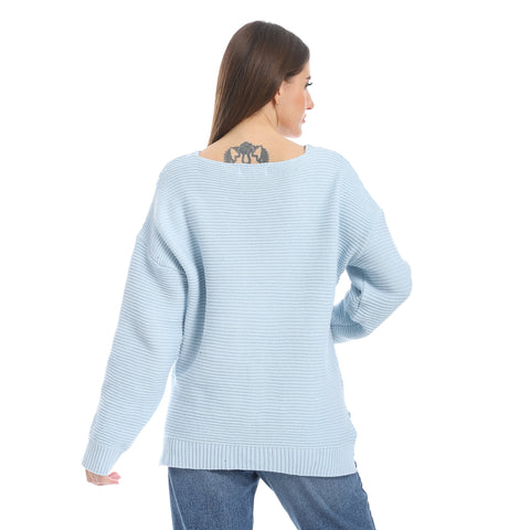 women wool plain pullover with V neck and multidesign