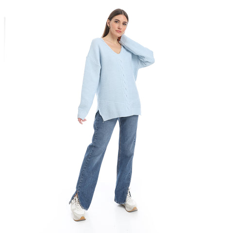 women wool plain pullover with V neck and multidesign