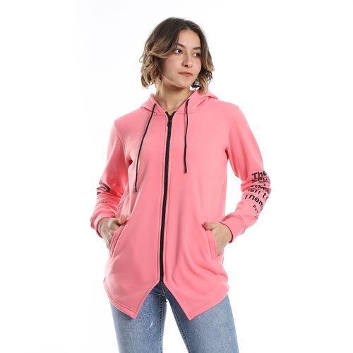 Women Hoodie With Front Zipper And Printed Sleeves