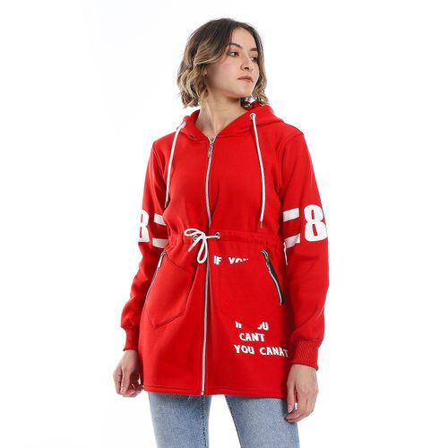 Women Hoodie With Front Zipper And Printed Sleeves