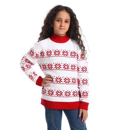 Girls Wool Pullover with Design star red