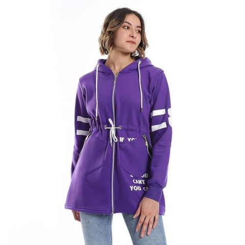 Women Hoodie With Front Zipper And Printed Sleeves